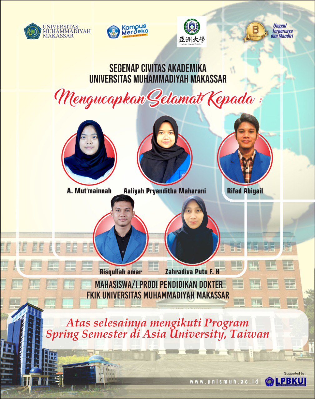 Five Unismuh Makassar Medical Students Complete One Semester at Asia University Taiwan